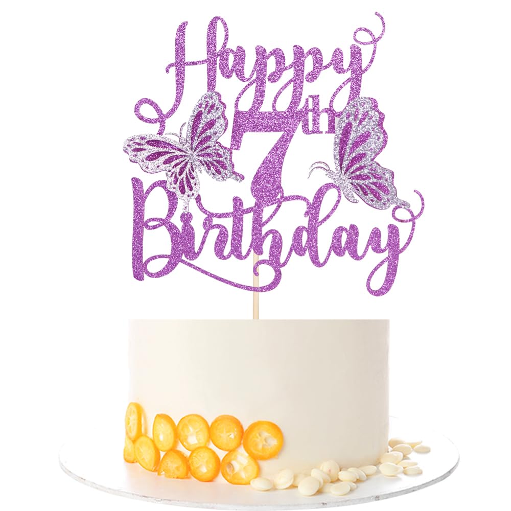 Kaoenla 3D Butterfly Cake Topper, Glitter Theme for 7th Birthday, Purple, Cardboard