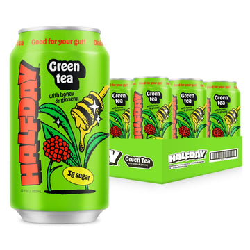 Halfday Prebiotic Green Tea With Honey And Ginseng 12-Pack - Nostalgic Flavor, Low Sugar, Incredible Taste - Paleo, Gluten Free,