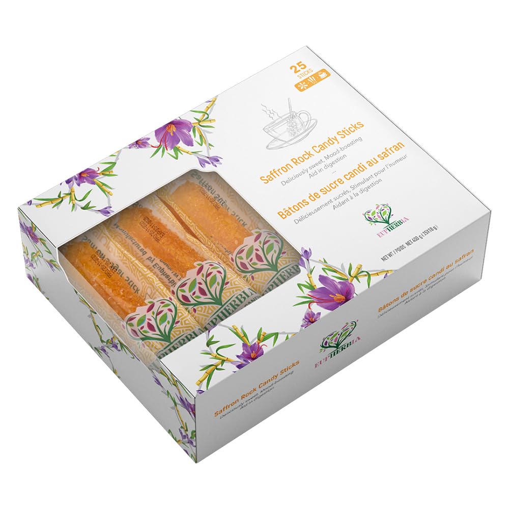 Eupherbia Saffron Rock Candy Sticks, 25 Pack, Pure Crystalline Elegance, Handcrafted Sweetness, Sugar Rock Candy (Nabat) Infused