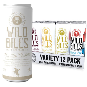 Wild Bills Craft Soda Variety Pack, 12 Fl Oz (Pack of 12), 12 Flavors, Pure Cane Sugar, Caffeine & Gluten Free, Vegan