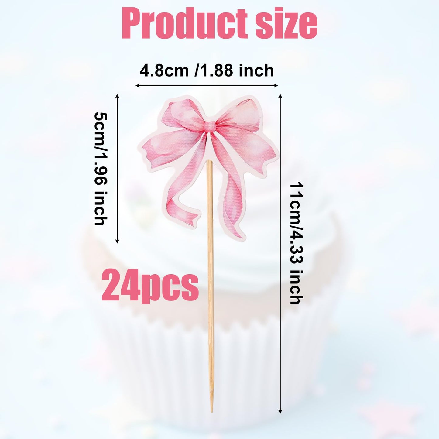 PEUTIER 24pcs Pink Bow Cupcake Toppers, Paper Bowknot Dessert Picks for Cake, Princess Girls Birthday Party, Model 18100