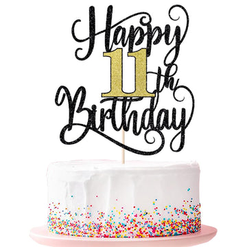 Happy 11Th Birthday Cake Topper, 11 Birthday Party Cake Decorations (Black And Gold Flashes, 11Th)