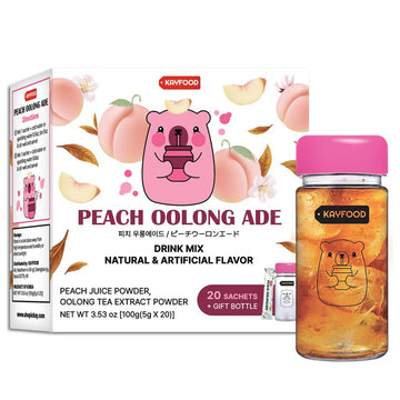 KAYFOOD Premium Oolong Tea & Peach Juice Powdered Mix 20 Stick Packs (3.53oz) with Reusable Bottle, Zero Sugar Oolong Wulong Ble