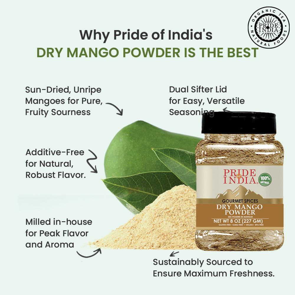 Pride Of India Dry Mango Powder Amchur - 8oz Dual Sifter Jar - Organic Spice for Flavor and Taste