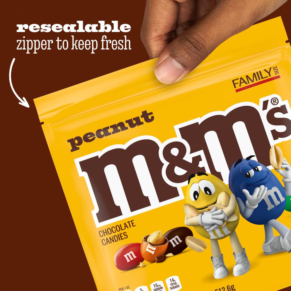 M&MS Peanut Milk Chocolate Candy, Family Size, 18.08 oz Resealable Bulk Bag