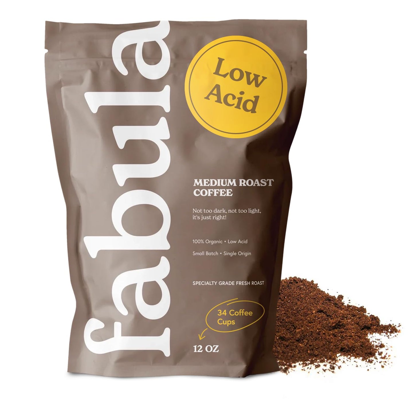 Fabula Low Acid Organic Ground Coffee, Medium Roast, 12 oz, Non-GMO, Mycotoxin-Free