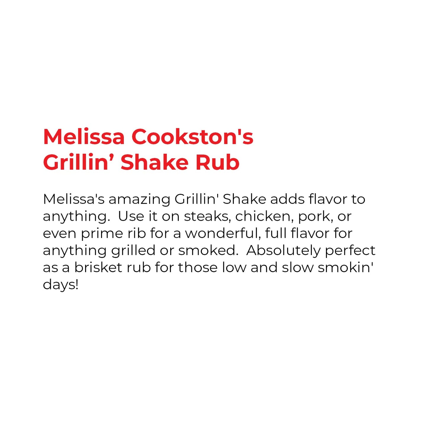 Melissa Cookstons Grillin Shake BBQ Rub, Award Winning Barbecue Rubs, 16 Oz