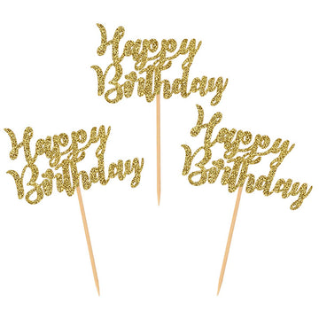 Donoter 24 Pcs Gold Glitter Happy Birthday Cupcake Toppers Cake Picks For Birthday Party Decoration Supplies