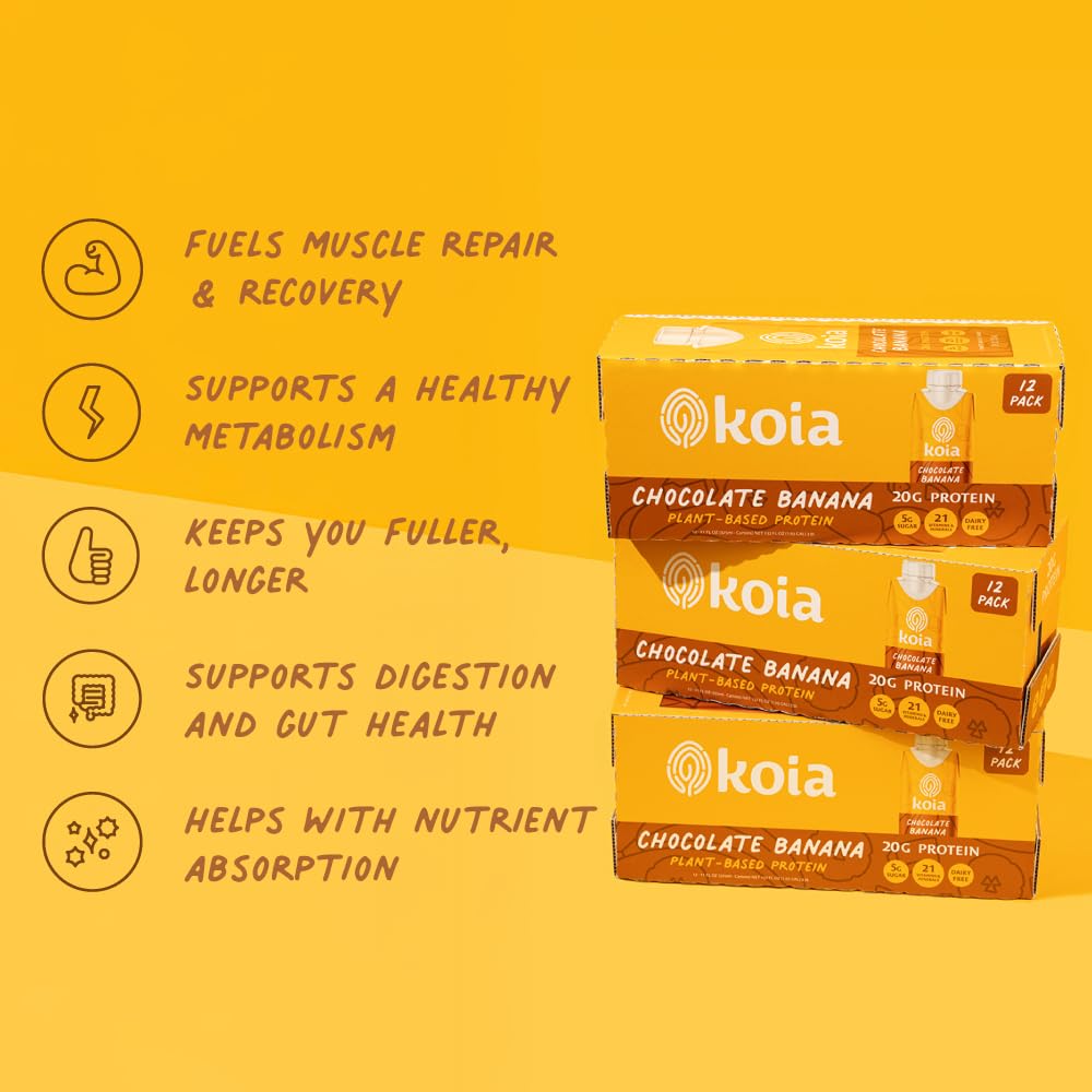 Koia Plant Based Protein Shake - Chocolate Banana - 20g Protein, 5g Sugar - 11 fl oz, Pack of 12 - Dairy Free, Non-GMO