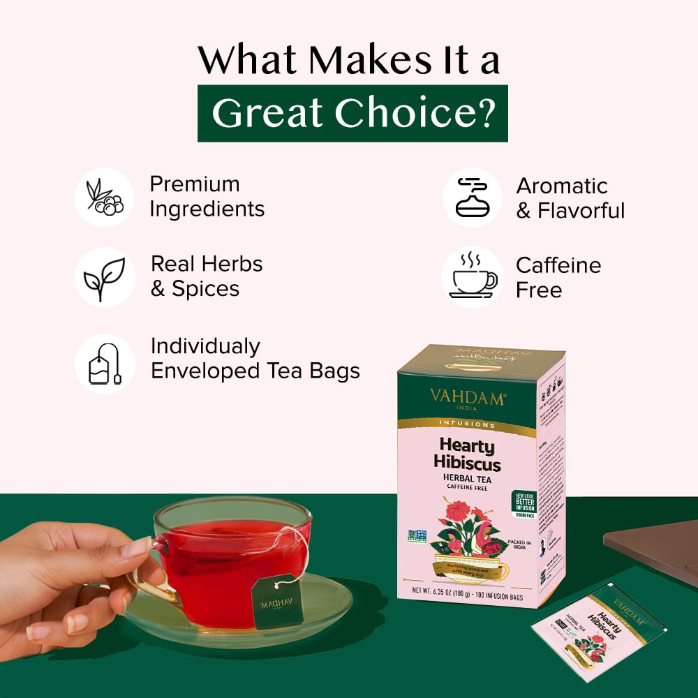 VAHDAM Heartly Hibiscus Wellness Blend Tea Bags, Caffeine Free, Non-GMO, 100 Count, Eco-Friendly Individually Wrapped