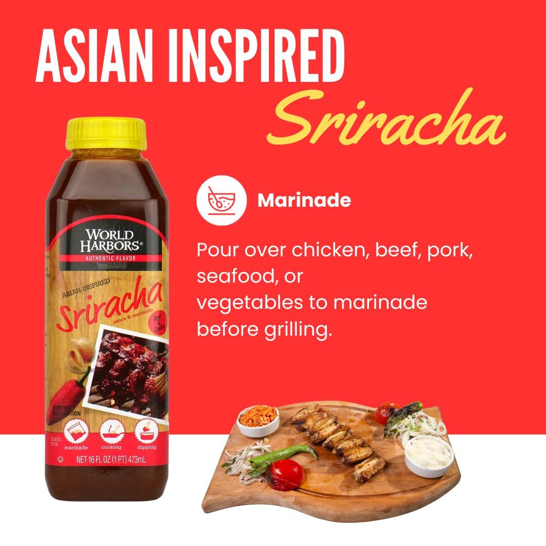 World Harbors Sriracha Hot Sauce & Marinade Perfect For Grilled Meats, Seafood, Dipping, Marinades & Garnishes - Enhance Your Me