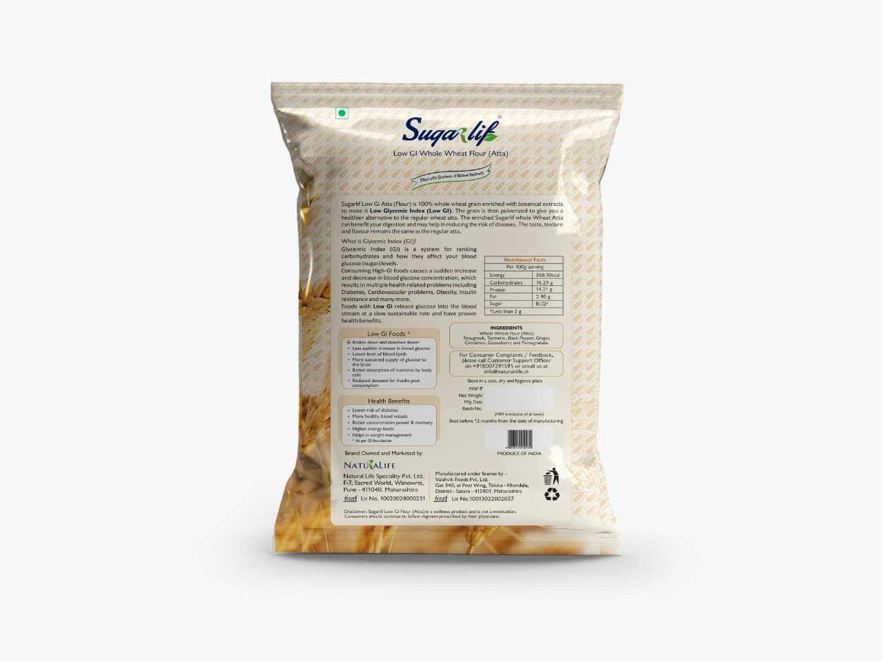 Sugarlif Low Gi Whole Wheat Atta (Flour)/ Orignal Product Of Dr. C K Nandagopalan/Low Glycemic Index/Same Taste/Same Flavour - 1Kg X 5 Packet