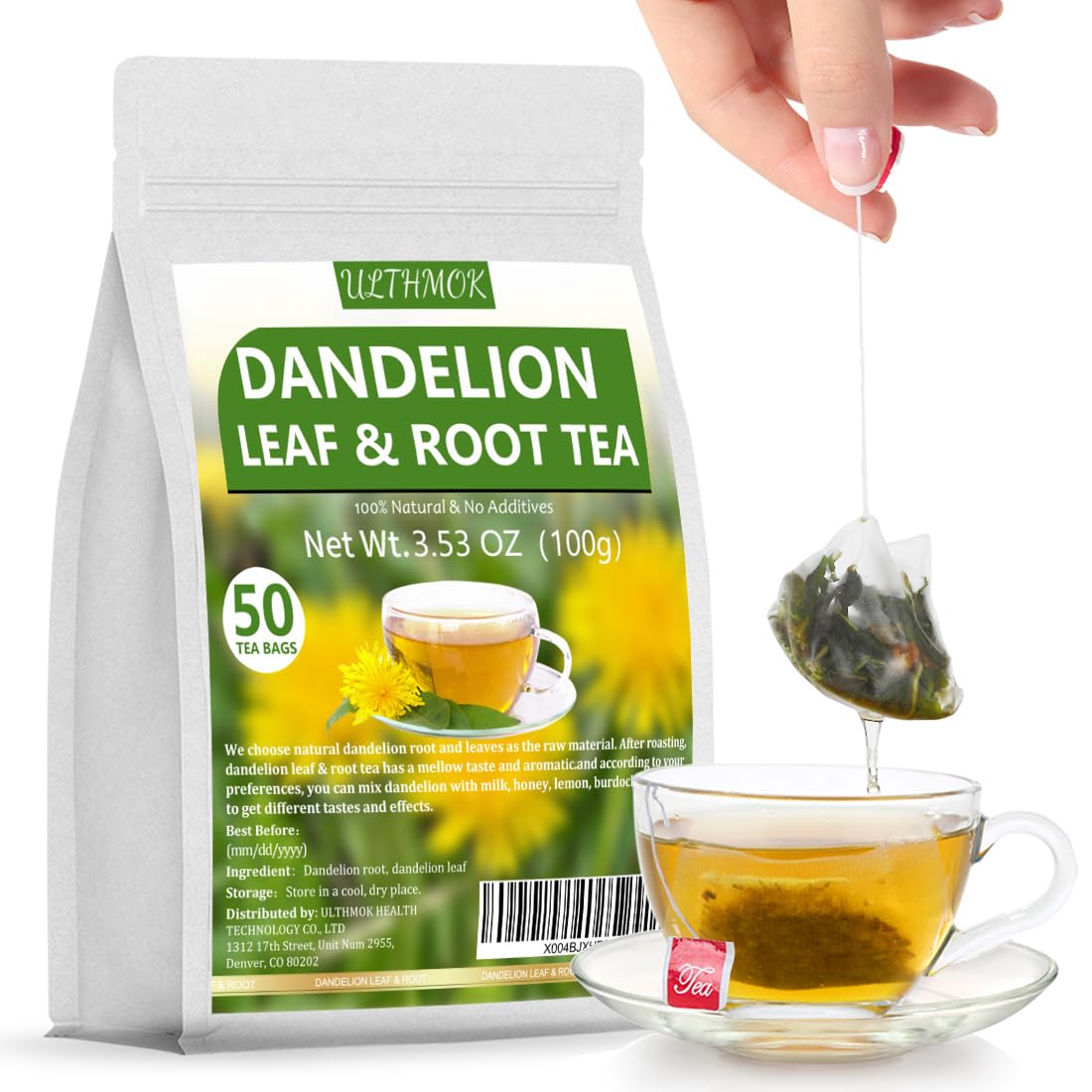 ULTHMOK Premium Dandelion Leaf & Root Tea, Caffeine Free, 50 Tea Bags, 3.53 Oz, Supports Digestion & Immune System
