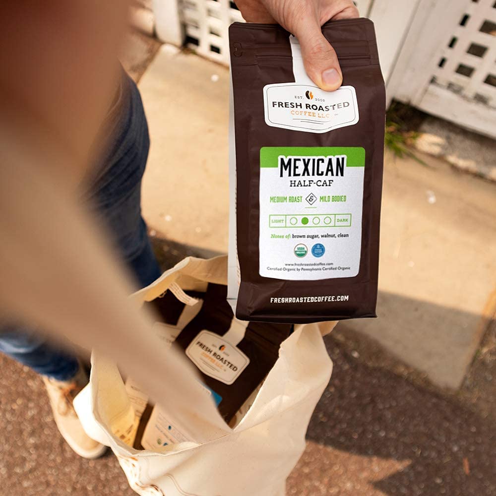 Fresh Roasted Coffee Organic Mexican Half-Caf Medium Roast 32 oz Whole Bean USDA Organic Kosher