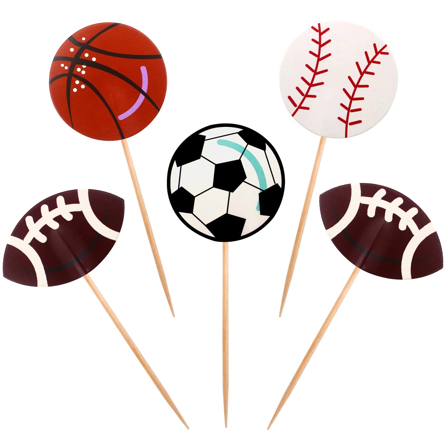 BLUE TOP Sports Ball Cupcake Toppers, 48 Pcs, 4.5 Inch, Paper Picks for Football, Baseball, Basketball, Rugby, Olympics Party Decor