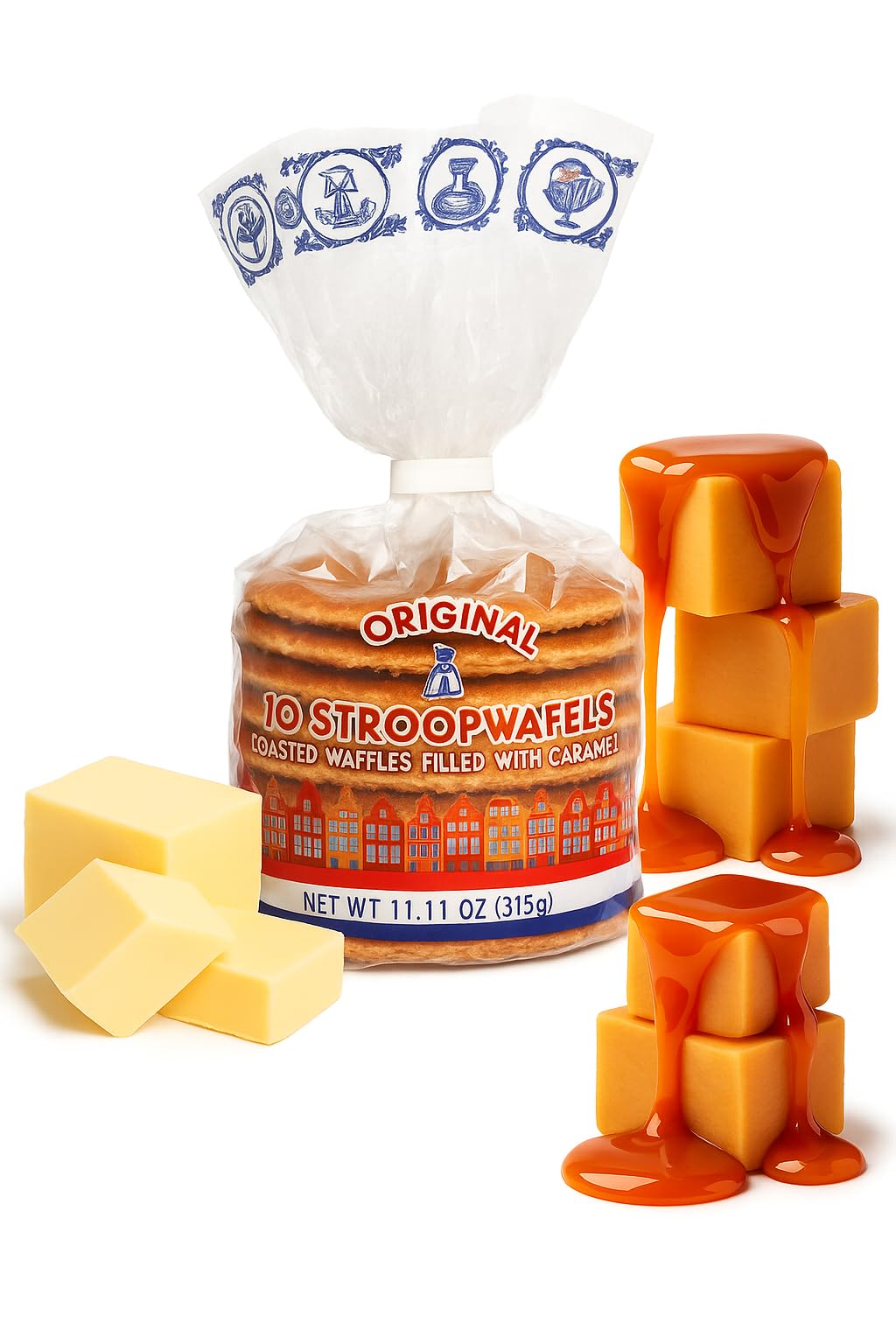 Le Chic Patissier 50 Caramel & Vanilla Stroopwafels Soft Toasted Pack of 5 (11.11oz each) Original Dutch Caramel Waffle Recipe n