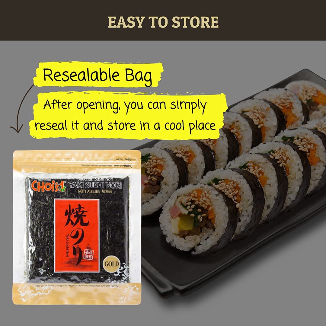 Choi'S 1(Daechun) Roasted Seaweed, Gim, Sushi Nori - (50 Full Sheets)- Gold Grade- Vegan, Keto, Gluten Free, Full Of Fiber, Vita