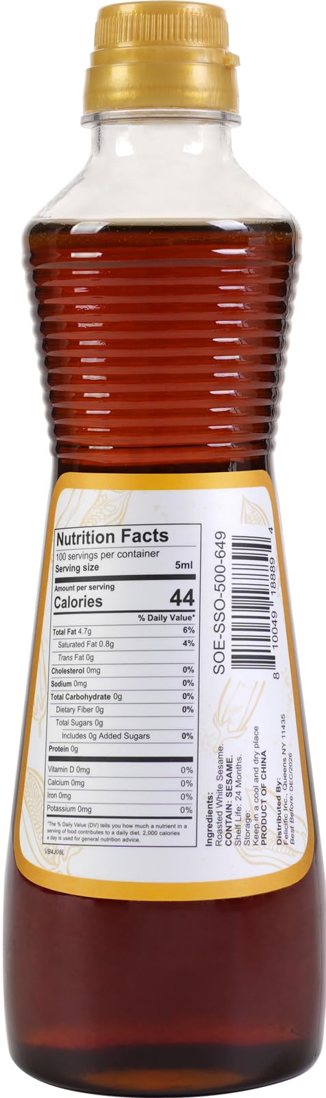 Soeos Sesame Oil, Toasted Sesame Seed Oil, 16.9 Fl Oz (500 Ml), Nutty Flavor, Perfect For Asian Food, Noodles, Soup, Baking, And
