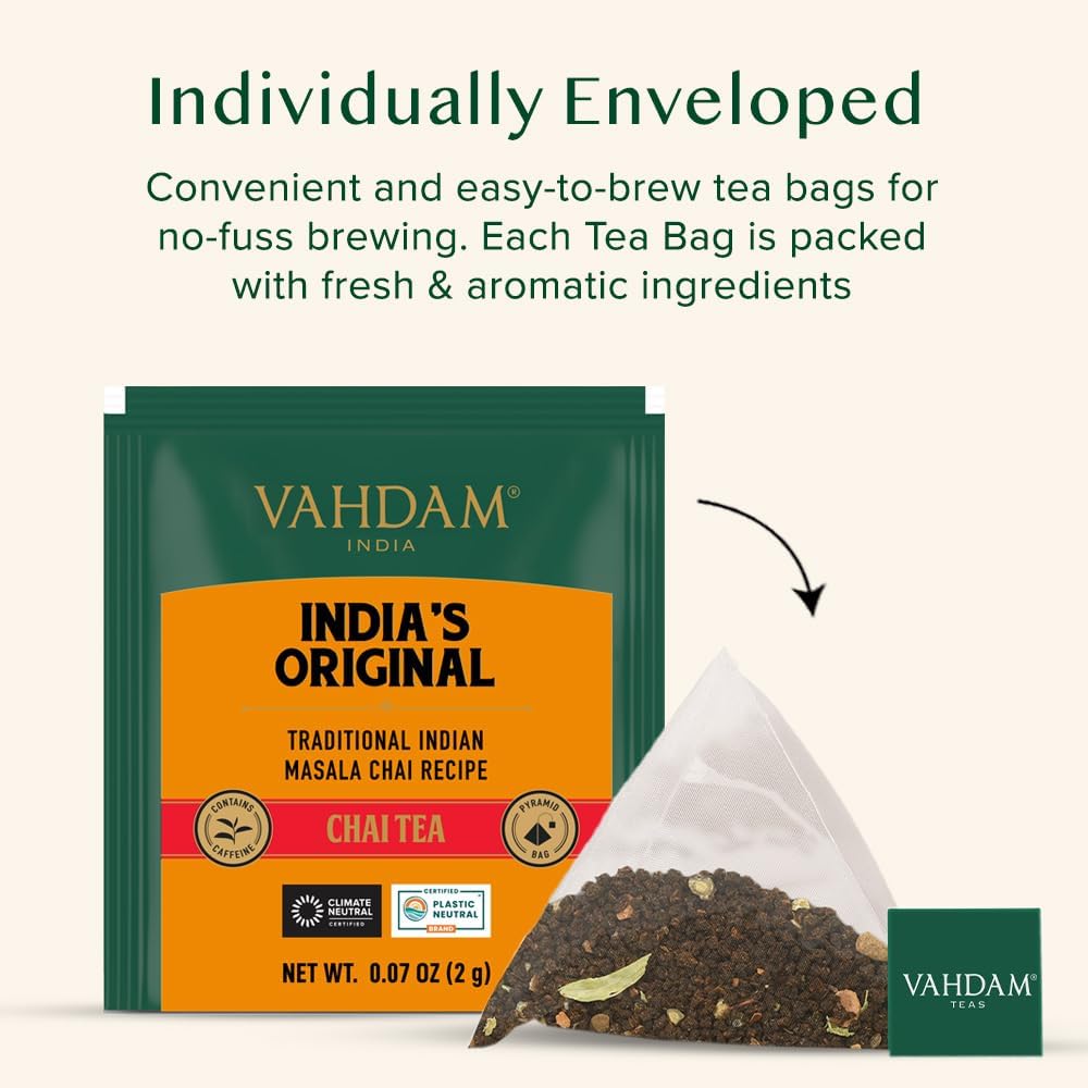 VAHDAM Masala Chai Tea Bags, 30 Count, Non-GMO, Gluten-Free, with Exotic Spices, Resealable Ziplock Pouch, Black