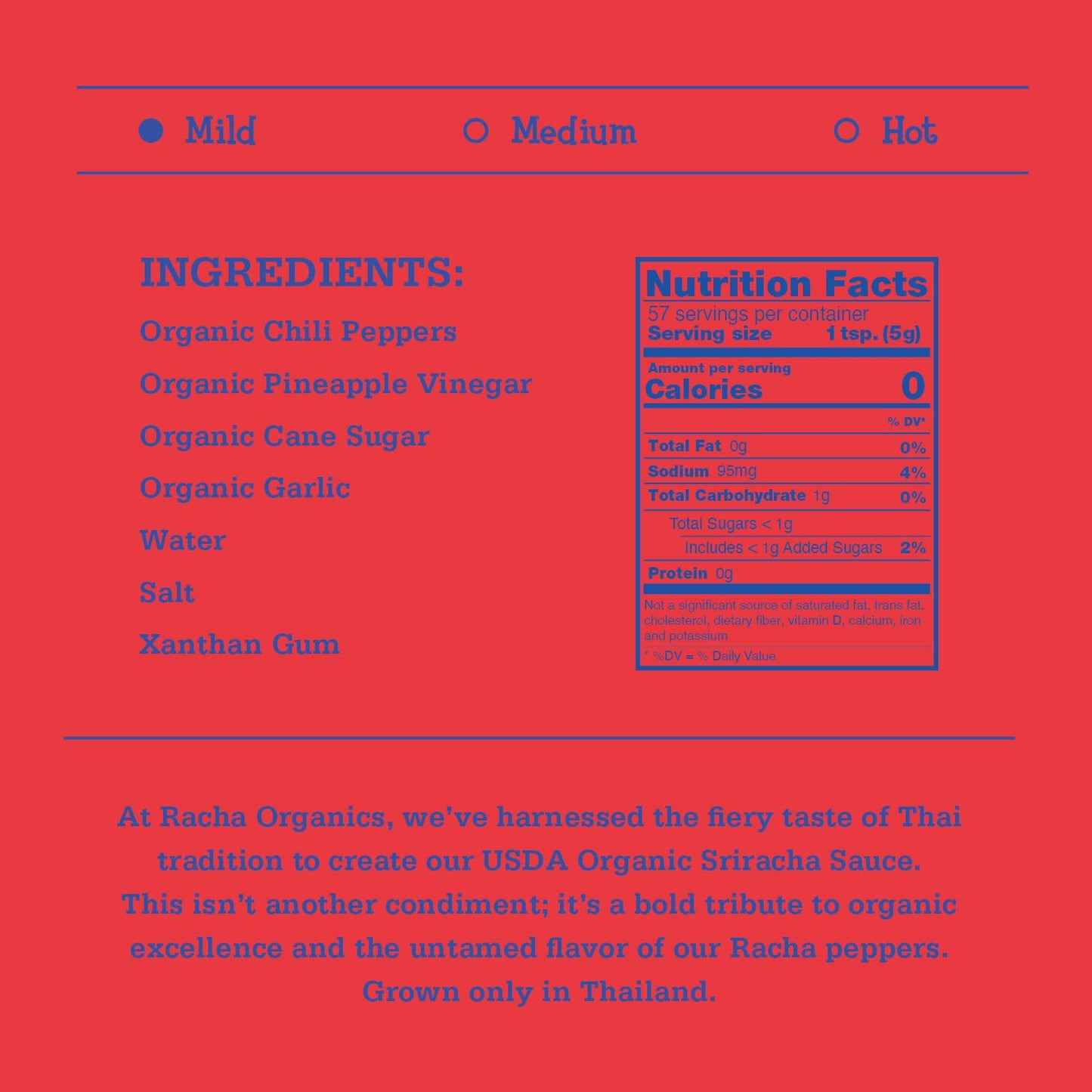 Organic Sriracha Sauce by Racha Organics - Organic Chili Pepper Sauce MILD - Certified Organic - Plant-Based - Gluten Free - Non