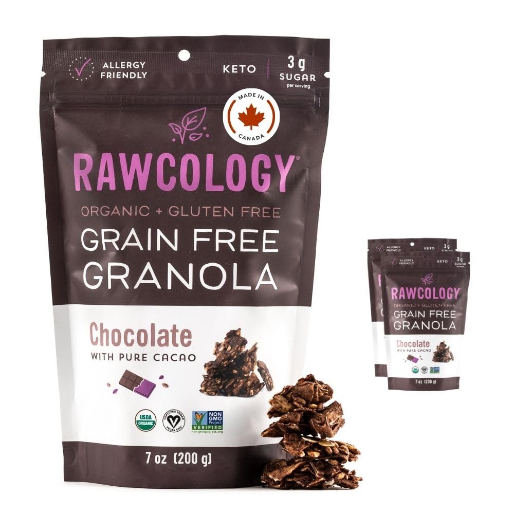 Rawcology Organic, Keto, Grain Free Raw Crunch Granola - Chocolate with Raw Cacao, 3 x 200 Gram Pack