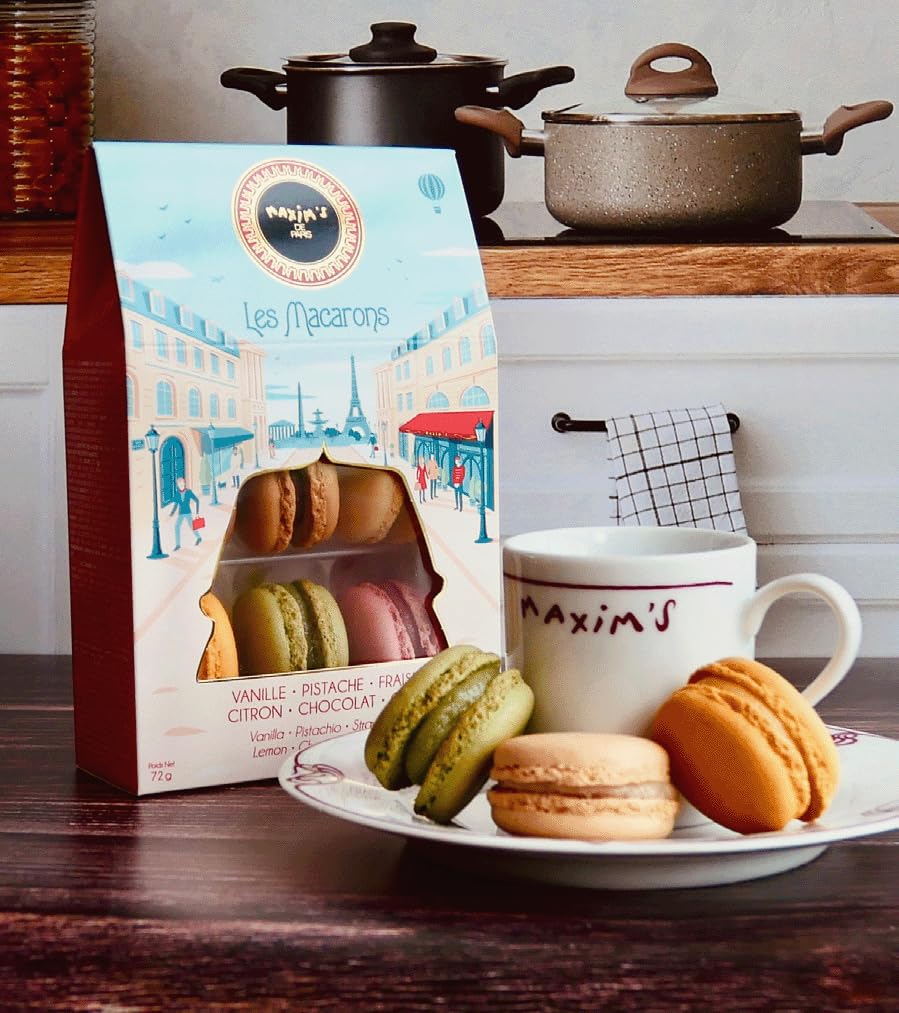 Maxims De Paris - Macaron Gift Box, Gift Box, 6 French Macarons Cookies, Strawberry, Vanilla, Coffee, Pistachio, Lemon, Chocololate.