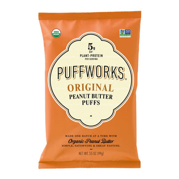 Puffworks Original Organic Peanut Butter Puffs, Plant-Based Protein Snack, Gluten- And Rice-Free, Vegan, Kosher, 3.5 Ounce (Pack