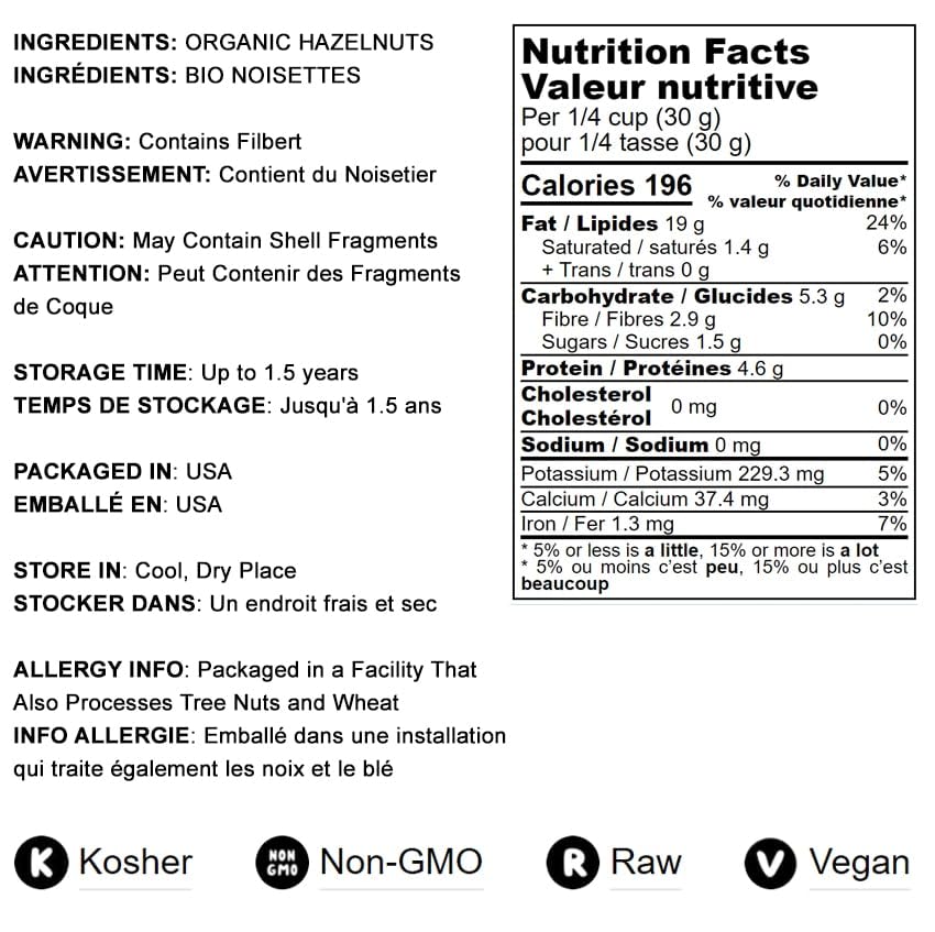 Food to Live - Organic Blanched Roasted Hazelnuts, 5 Pounds - Non-GMO, Dry Roasted Filberts, No Skin, Whole Nuts, Unsalted, Kosh