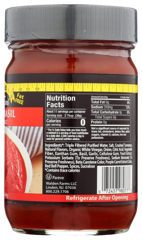 Walden Farms Tomato Basil Marinara Sauce 12 Oz. Jar (Pack Of 6) - Sweet And Smooth, Fresh Herbs And Spices, Vegan, Kosher And Ke