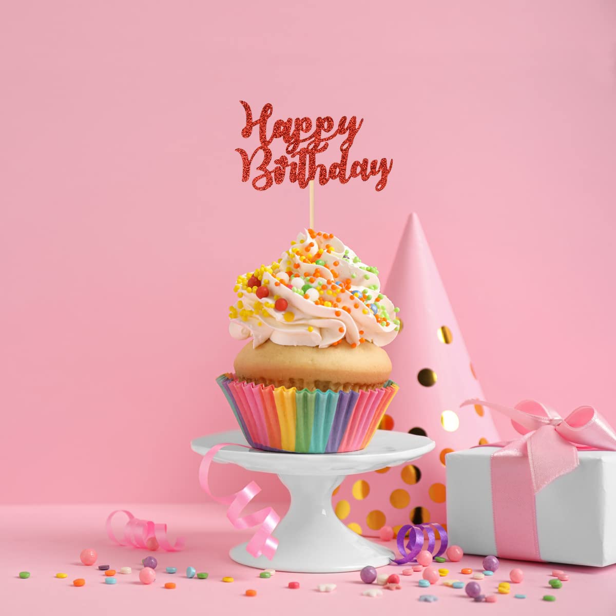Donoter 24 Pcs Glitter Red Happy Birthday Cupcake Toppers Cake Picks For Birthday Party Decoration Supplies