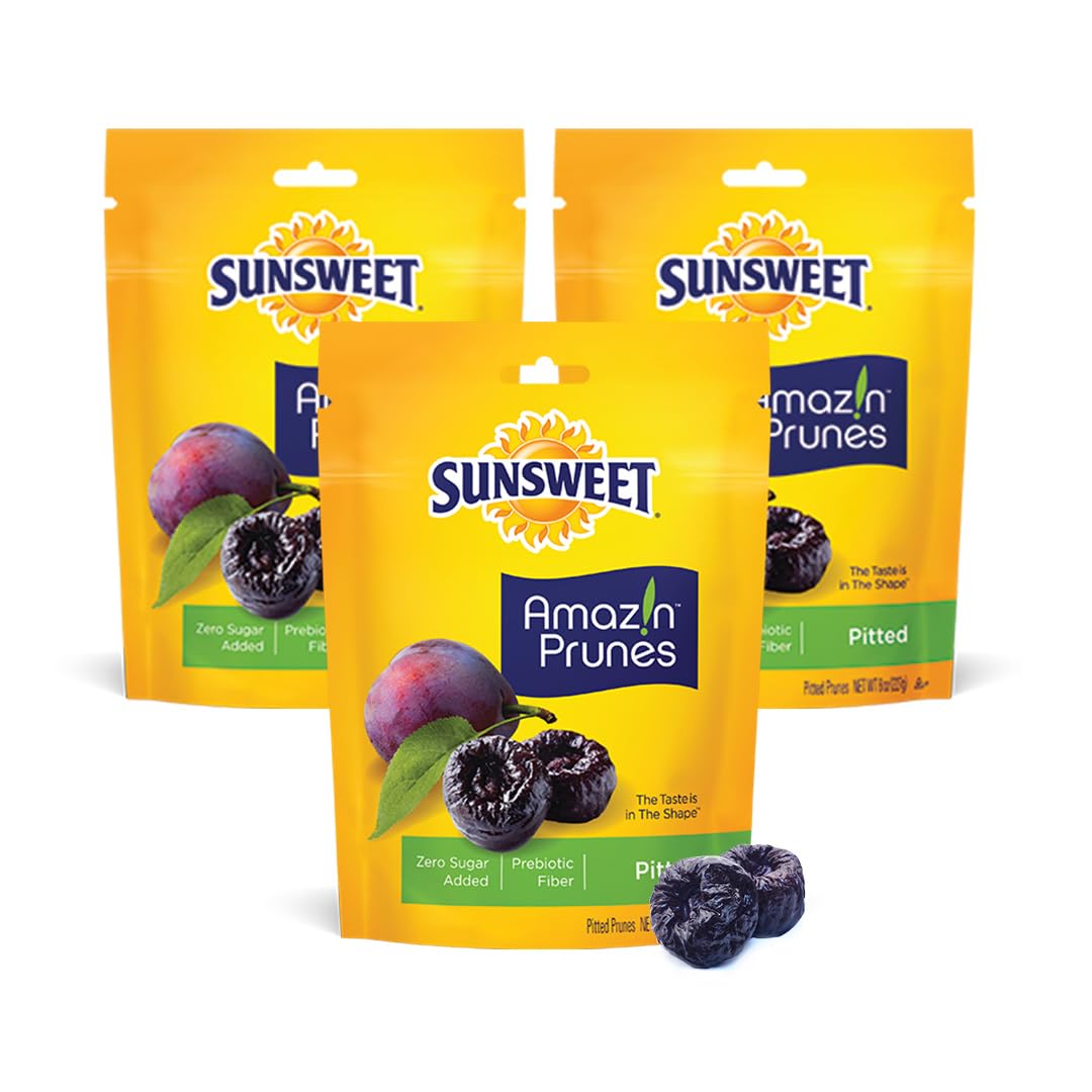 Sunsweet Amazin Pitted Prunes - Dried Prunes Pitted Unsweetened - Gluten Free, Vegan, Low Fat - Fiber & Minerals - 8 oz Pouches