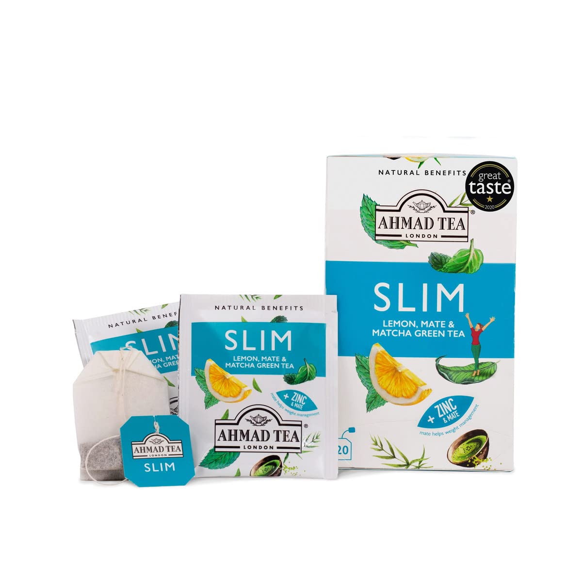 Ahmad Tea Green Tea Teabags, Slim Blend with Lemon, Mate & Matcha, 20 Count, Caffeinated & Sugar-Free, Model 2035-U
