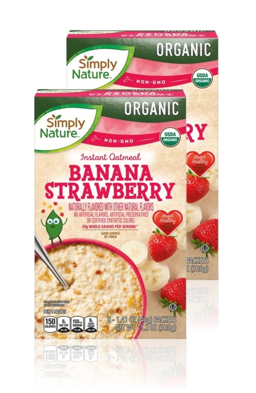 Simply Nature Organic Instant Oatmeal Packets (2 Boxes, Banana Strawberry)