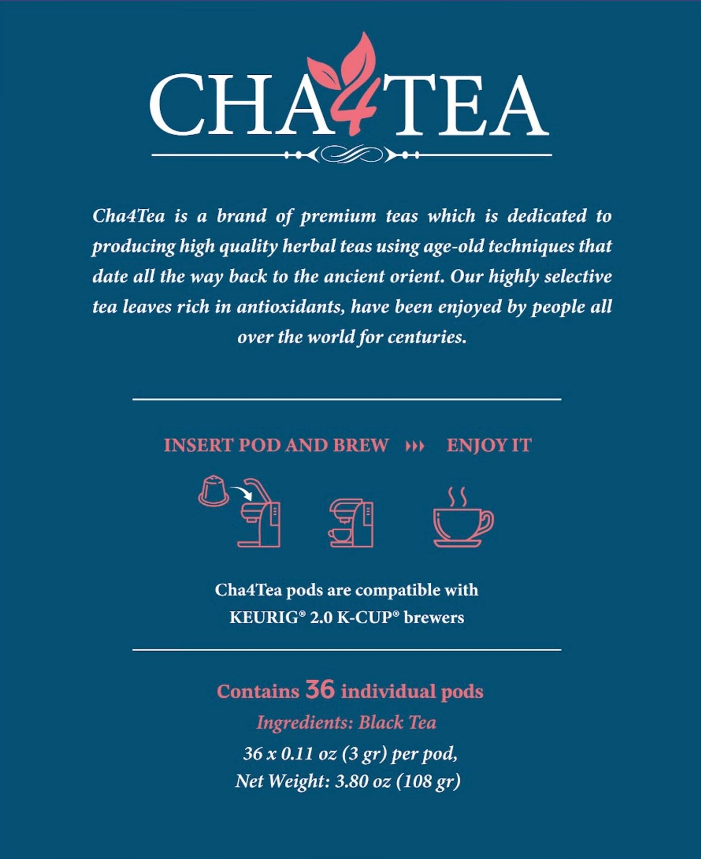 Cha4TEA English Breakfast Tea K-Cup Pods, 36 Count, Model TE-005-1