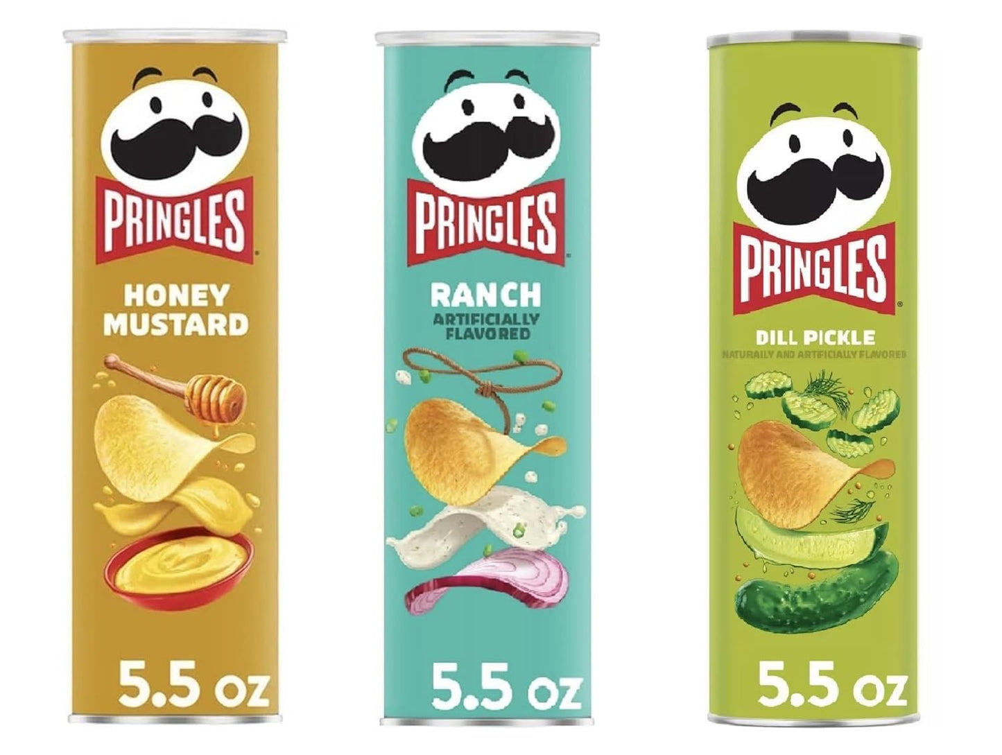 Pringles Potato Chips Trio Variety Set 5.5oz - 3 cans (Honey Mustard, Ranch, Dill Pickle)