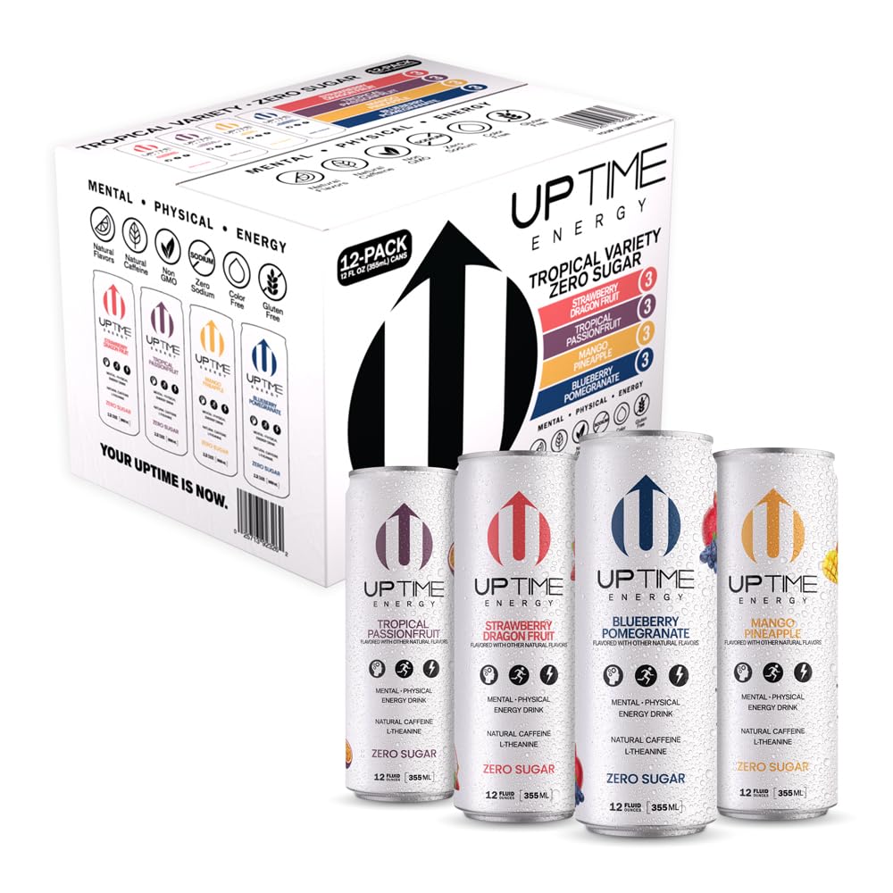 UPTIME Tropical Variety Energy Drink 12 Pack, Zero Sugar, Natural Caffeine, 12oz Cans