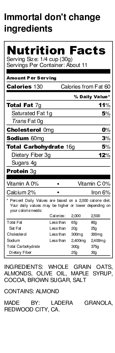 Ladera Granola  Cocoa Almond Granola  Low Sugar  Gluten Free & Vegan  Granola Breakfast  Healthy Snack  11 Oz