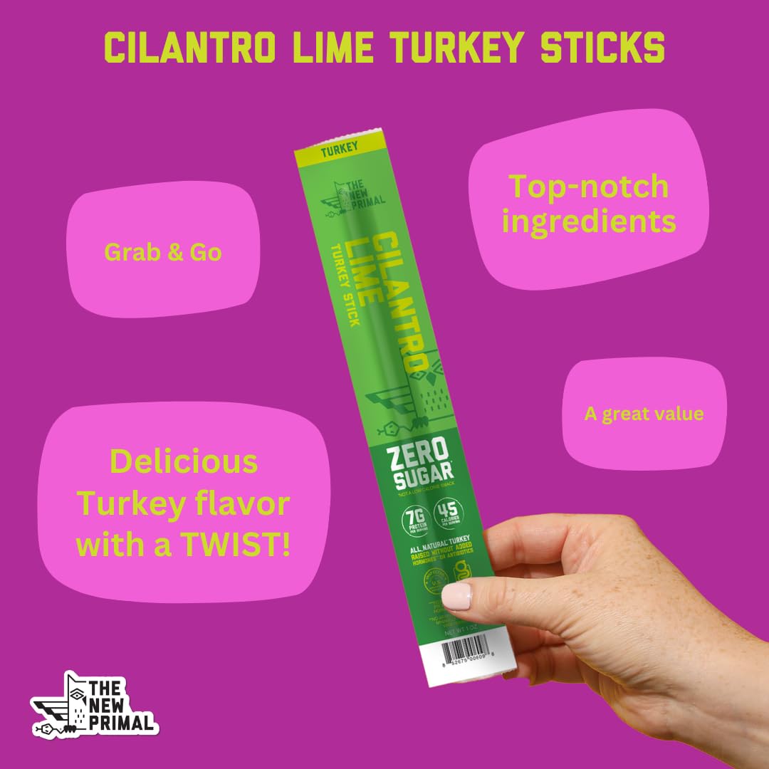 New Primal Cilantro Lime Turkey Sticks, Keto, Gluten Free Healthy Snacks for Adults, Sugar Free Low Carb High Protein, Paleo Who