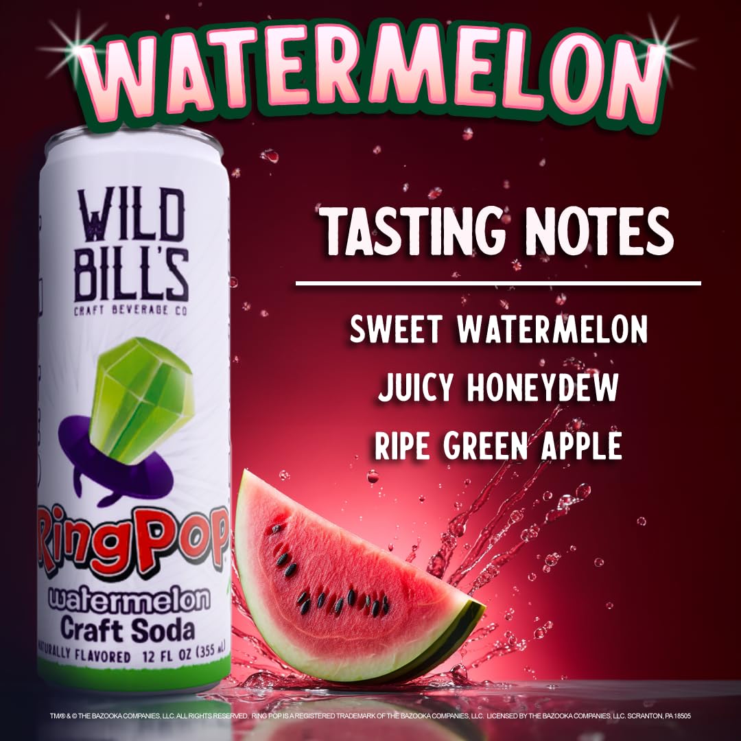 Wild Bills Watermelon Ring Pop Craft Soda - Pure Cane Sugar, Caffeine Free, Vegan, Gluten Free - 12 Oz Cans, 12 Pack
