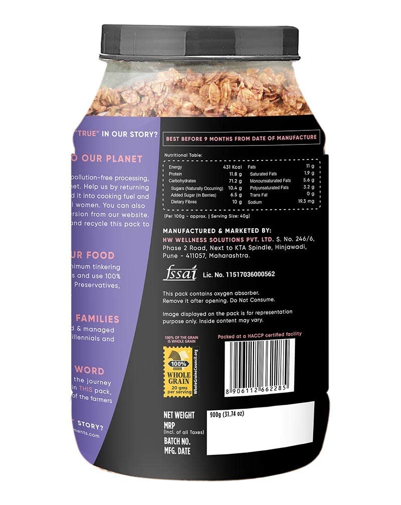 True Elements Crunchy Dark Chocolate Granola 900G - With 23% Berries, Seeds & Almonds | 100% Wholegrain Cereal | Granola For Bre