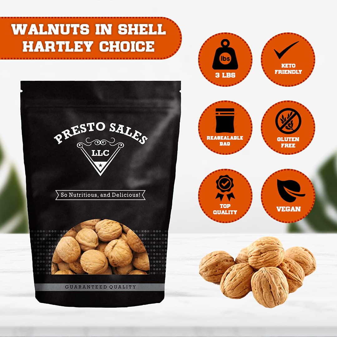 Presto Sales Walnuts “Current New Crop In Shell Huge Hartley Choice Nut, Grown In California - Packed In A 3 Lbs (48 Oz.) Resealable Pouch Bag - Low-Carb, High-Protein.