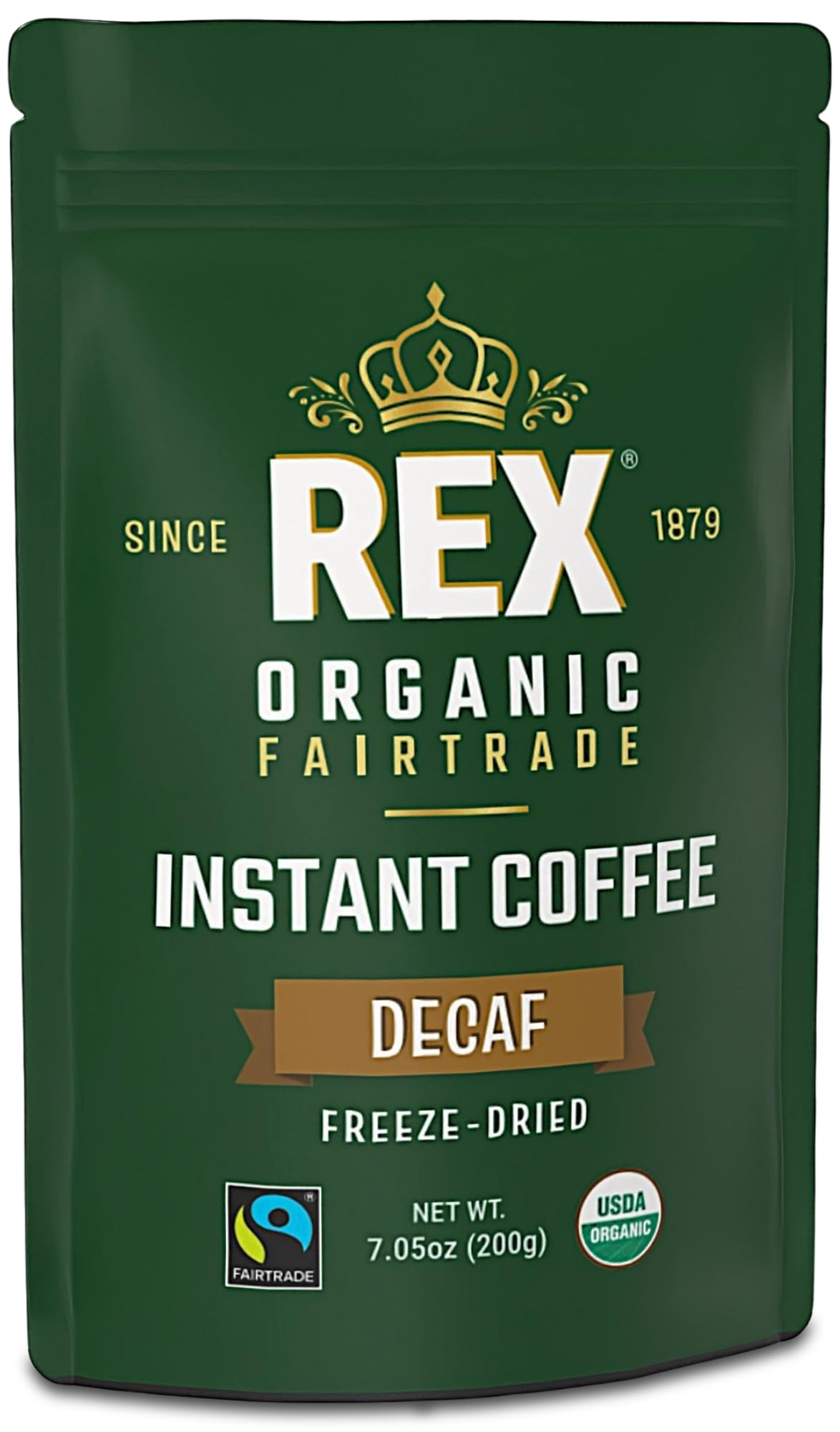 REX COFFEE Organic Fairtrade Decaf Instant Coffee – Naturally Decaffeinated Arabica, 7.05 oz Resealable Pouch
