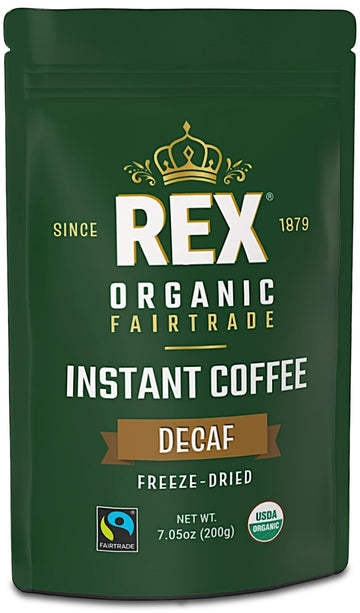 REX COFFEE Organic Fairtrade Decaf Instant Coffee – Naturally Decaffeinated Arabica, 7.05 oz Resealable Pouch