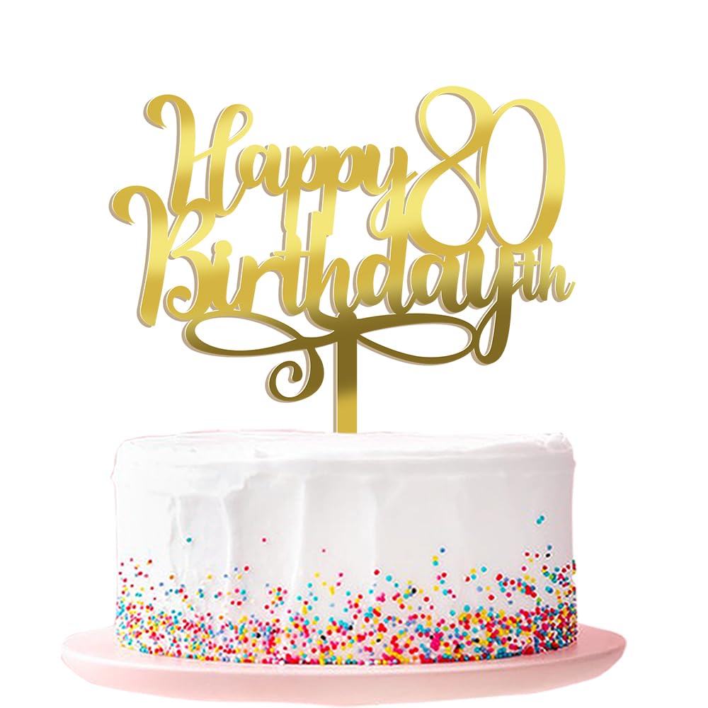 Happy 00Th Birthday Cake Topper, 00 Birthday Party Cake Decorations (Acrylic Gold, 80Th)