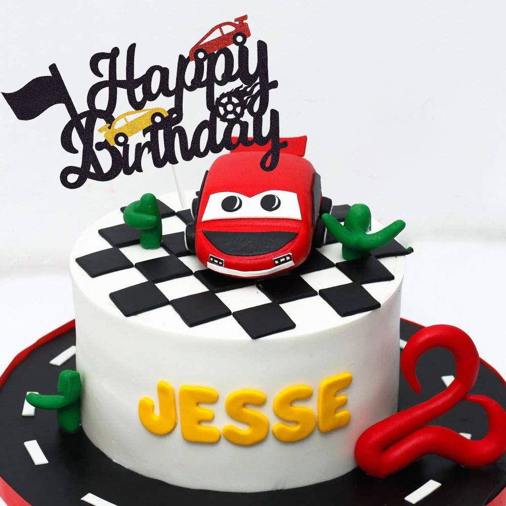 Marwey Race Car Cake Topper - Double-Sided, Paper, 1 Count, Chequered Flag Birthday Party Decorations, Happy Birthday Theme