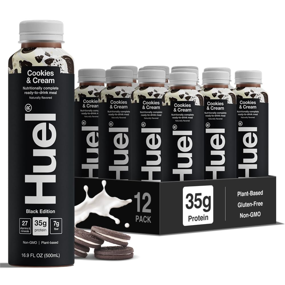 Huel Black Edition Ready-to-Drink | Cookies and Cream Meal Replacement Shake | 35g High Protein Drink | 27 Vitamins & Minerals  Vegan  Gluten Free | Plant Based | High Fiber  Low Sugar | 16.9 Fl Oz  12 Pack