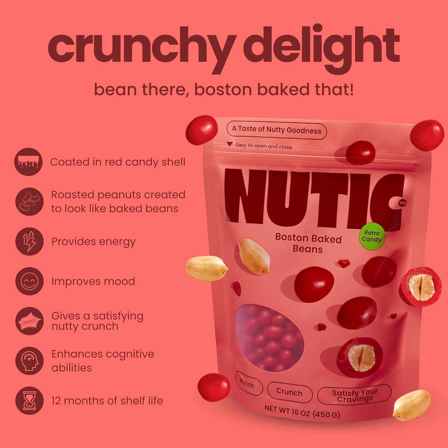 Nutic'S Boston Baked Beans Candy - 1Lb, Coated Peanuts In Bulk, Vintage Candy Treats, Ideal Movie Theatre Snacks & Souvenir Gift