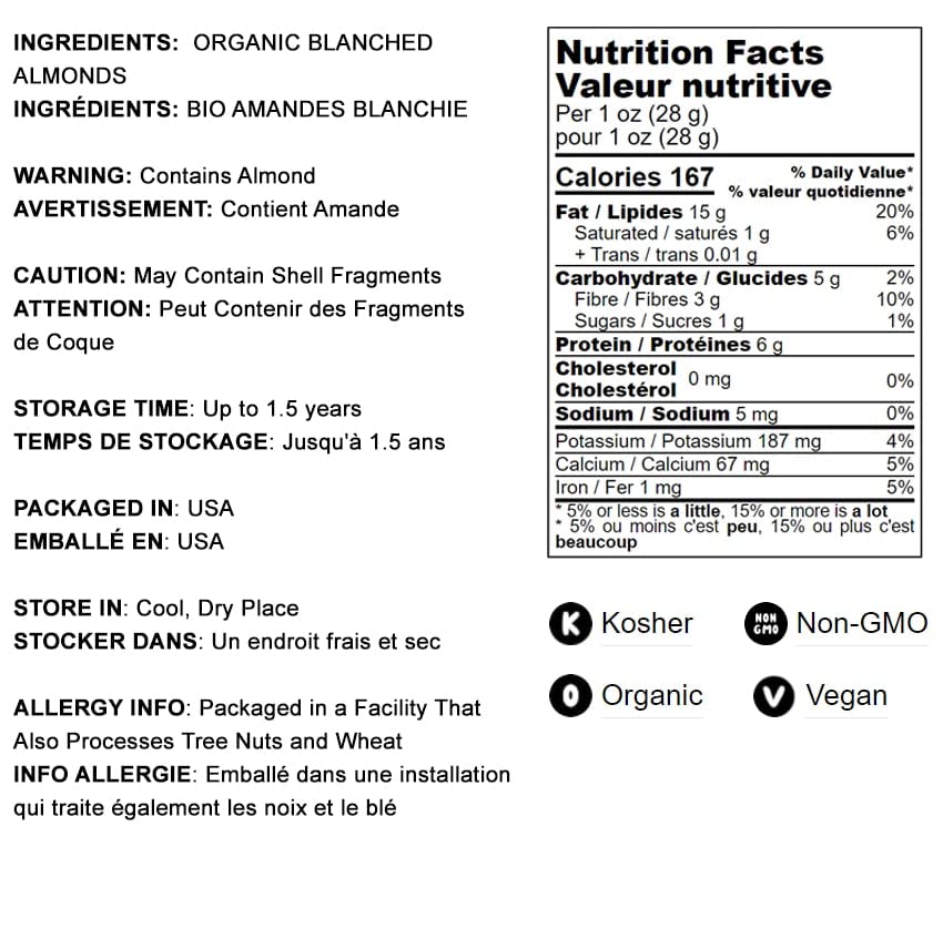 Food to Live Organic Blanched Whole Almonds, 1.5 Pounds - Non-GMO, Raw, Unpasteurized, Unsalted, Keto, Paleo, Kosher, Bulk, High