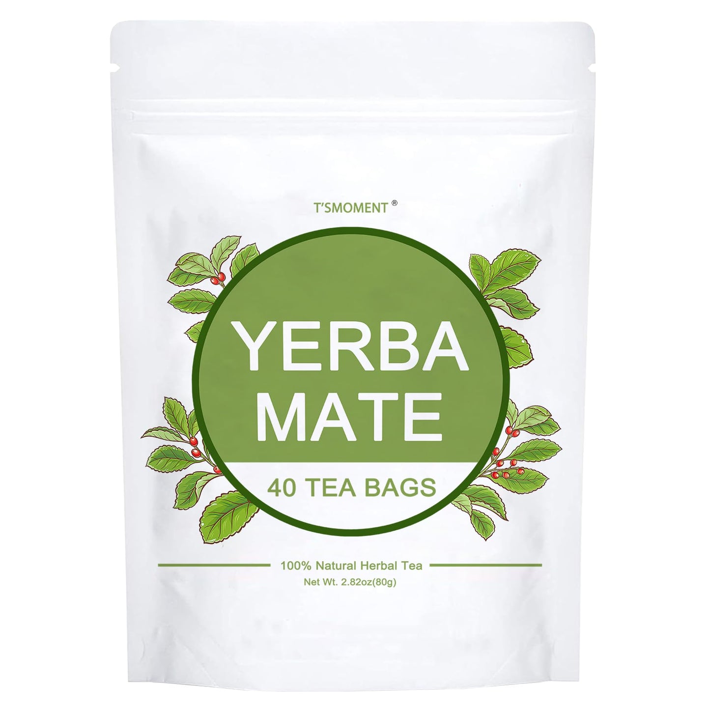 TSMOMENT Yerba Mate Tea Bags, Unsmoked & Air-Dried, Medium Caffeine, 40 Count