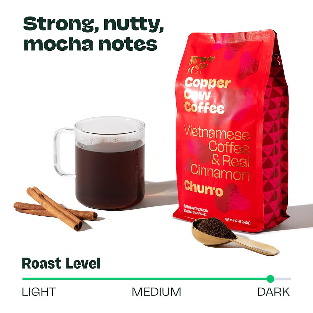 Copper Cow Coffee Premium Vietnamese Coffee: Ground Churro Coffee, Flavored With Real Ground Cinnamon, Woman-Owned, Gourmet, Spe